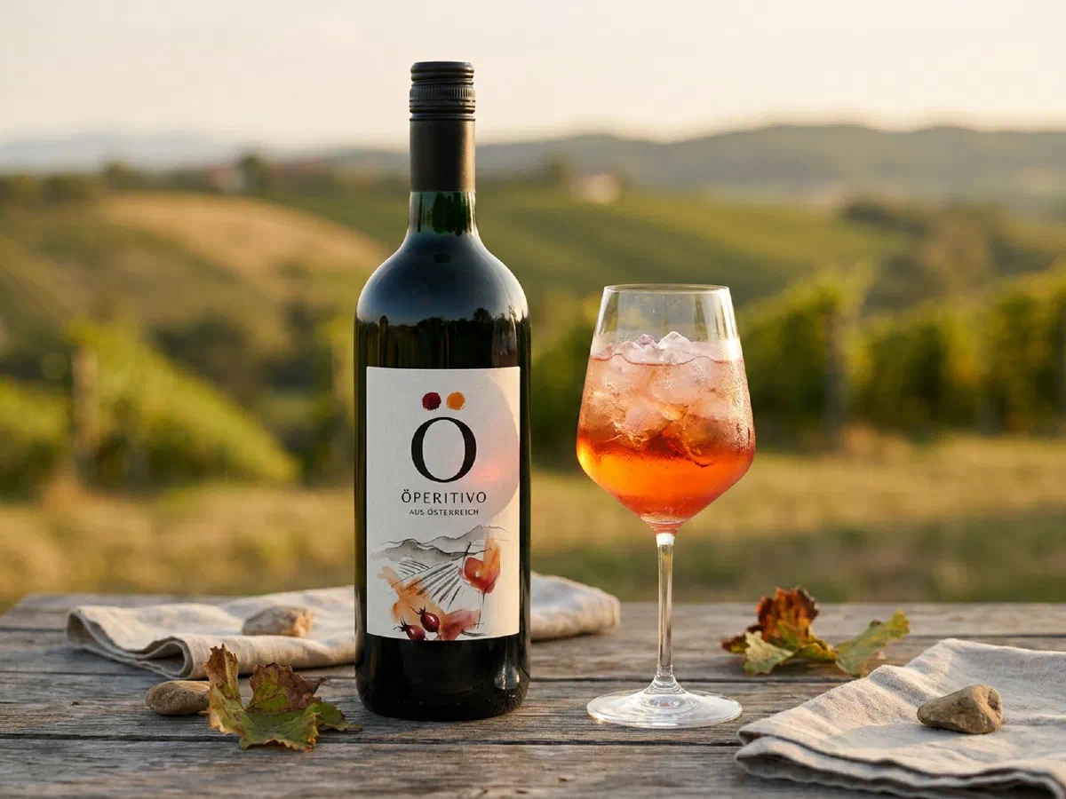 Eine Magnumflasche Öperitivo und ein Glas mit Crushed Ice auf einem Holztisch, dahinter Weinberge im Abendlicht