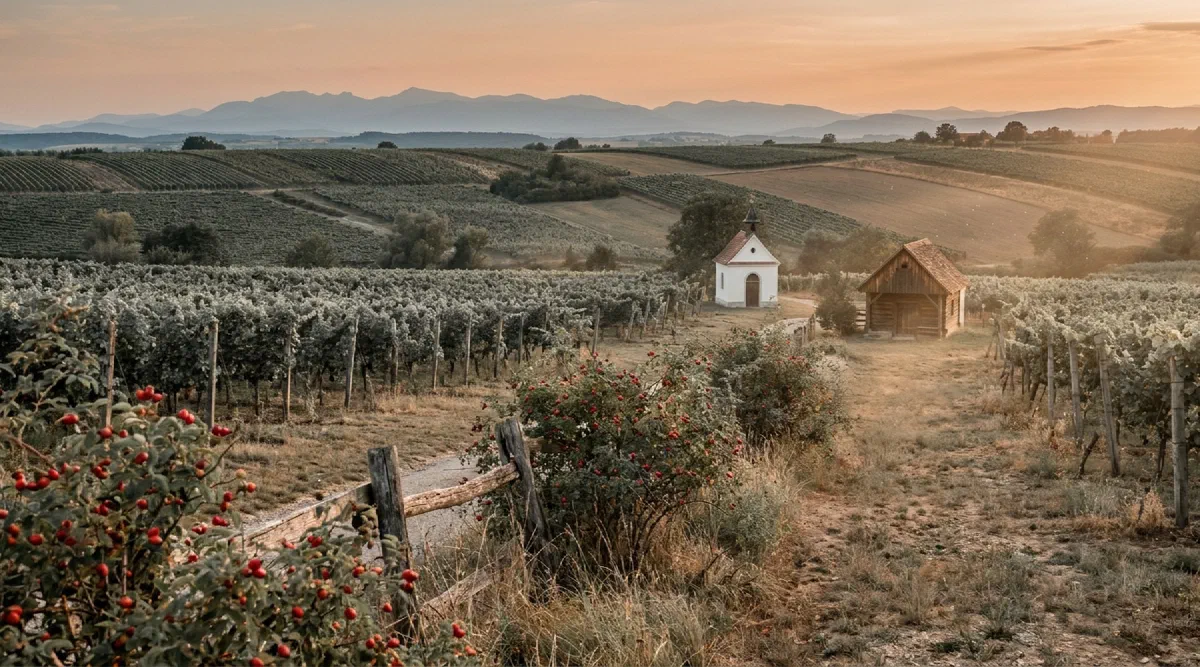 Sanfte Weinberge in Österreich im Spätsommer, eine kleine weiße Kapelle, im Vordergrund Hagebuttensträucher